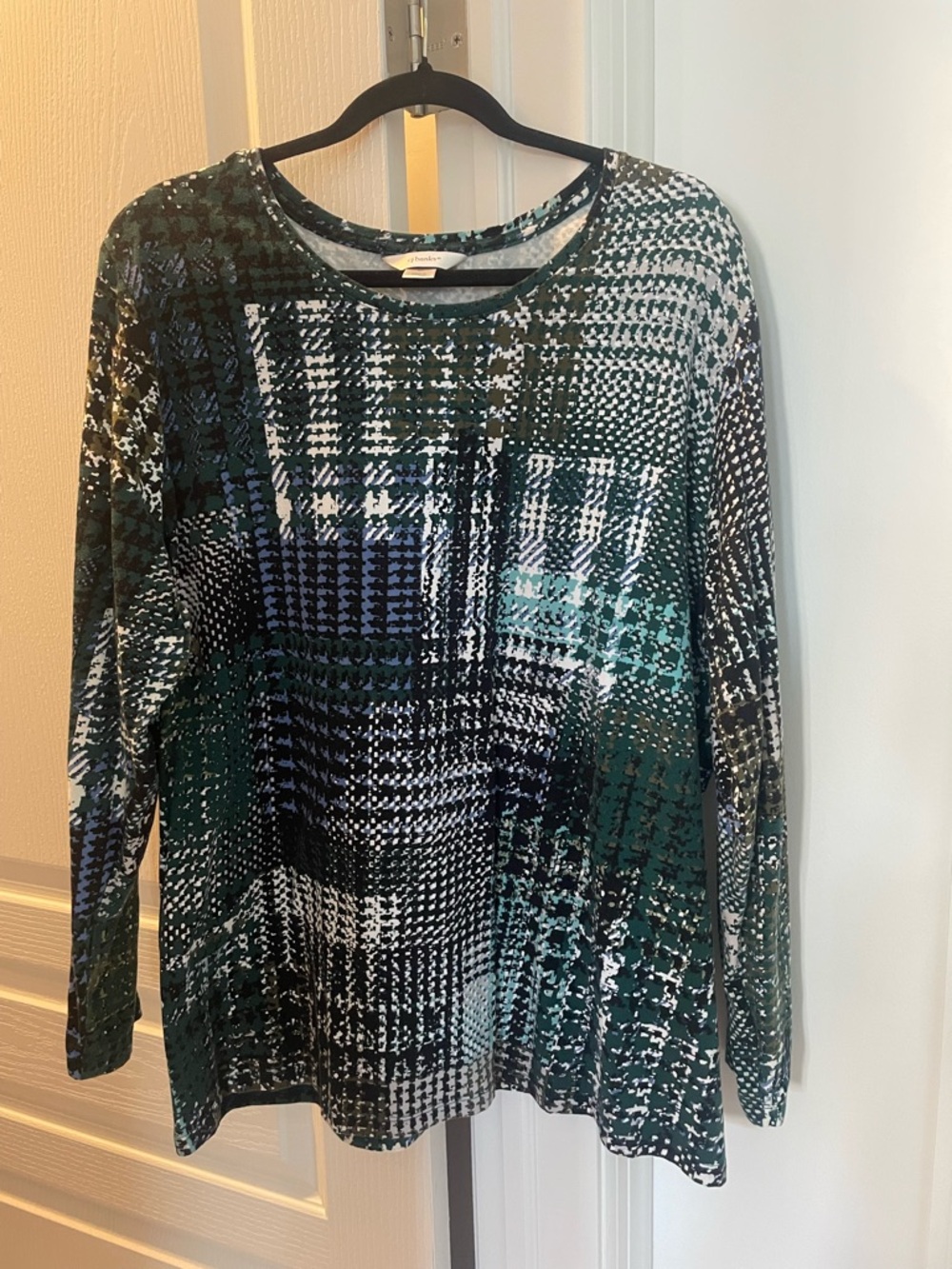 CJ Banks Green & Navy Abstract Print Long Sleeve 2X Top